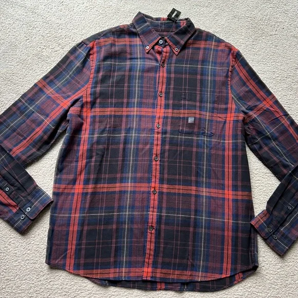 Express | Shirts | Express Men Button Up Shirt Dark Red Navy Plaid Flannel  Long Sleeve Collar Large | Poshmark